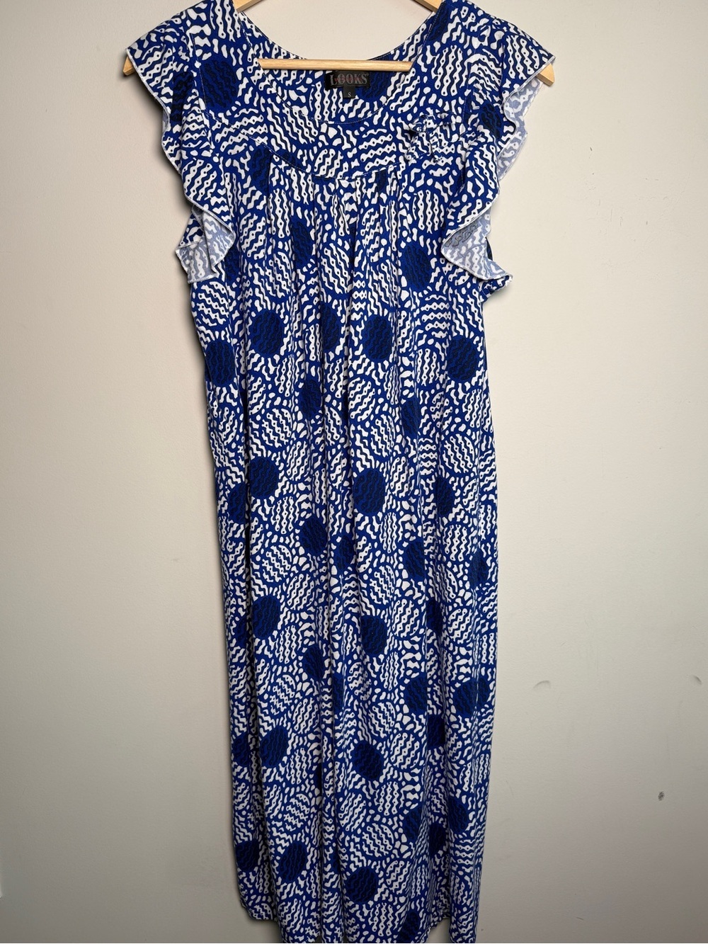 Looks Blue White Abstract Wave Print Ruffle Sleeve Muumuu Maxi Dress Pocket S